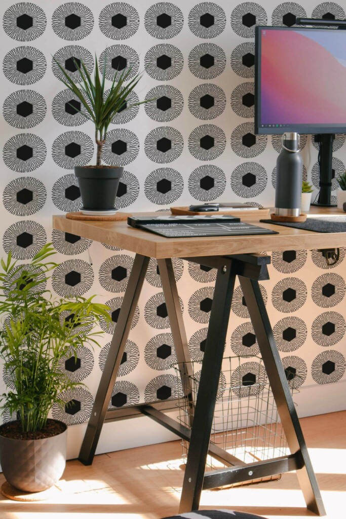 Scandinavian style home office decorated with Large geometric circle peel and stick wallpaper