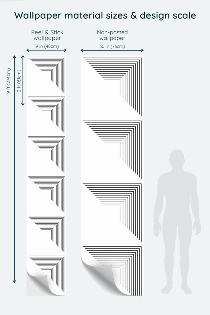 Size comparison of Large geometric square Peel & Stick and Non-pasted wallpapers with design scale relative to human figure