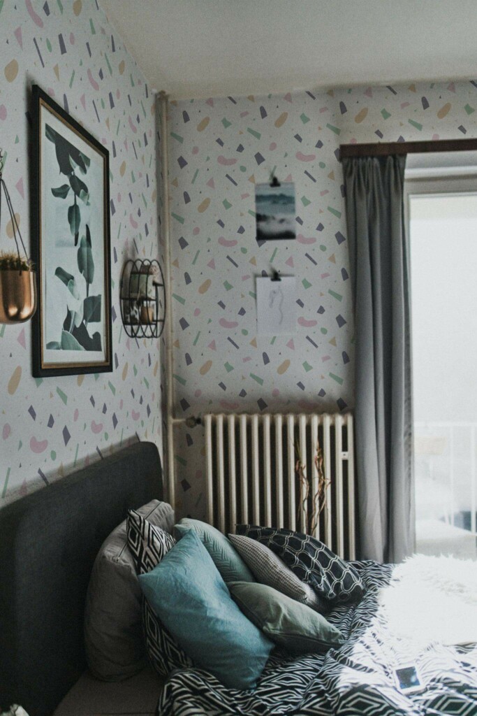 Dark scandinavian style bedroom decorated with Large terrazzo peel and stick wallpaper