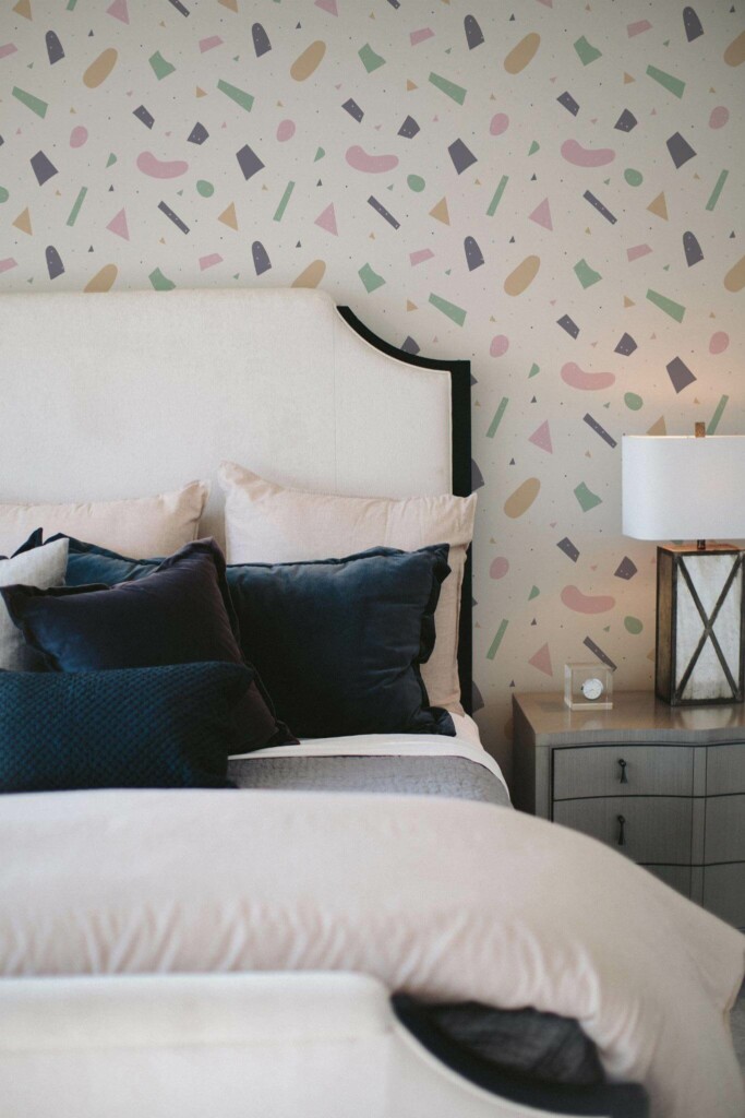 Shabby chic style bedroom decorated with Large terrazzo peel and stick wallpaper