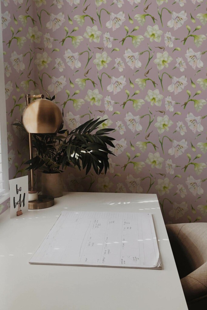 Rustic style home office decorated with Lavender and white floral peel and stick wallpaper