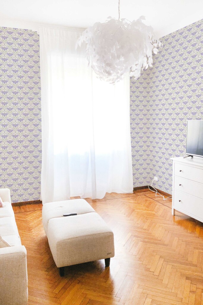 Lavender peel and stick wallpaper by Fancy Walls in floral art deco style