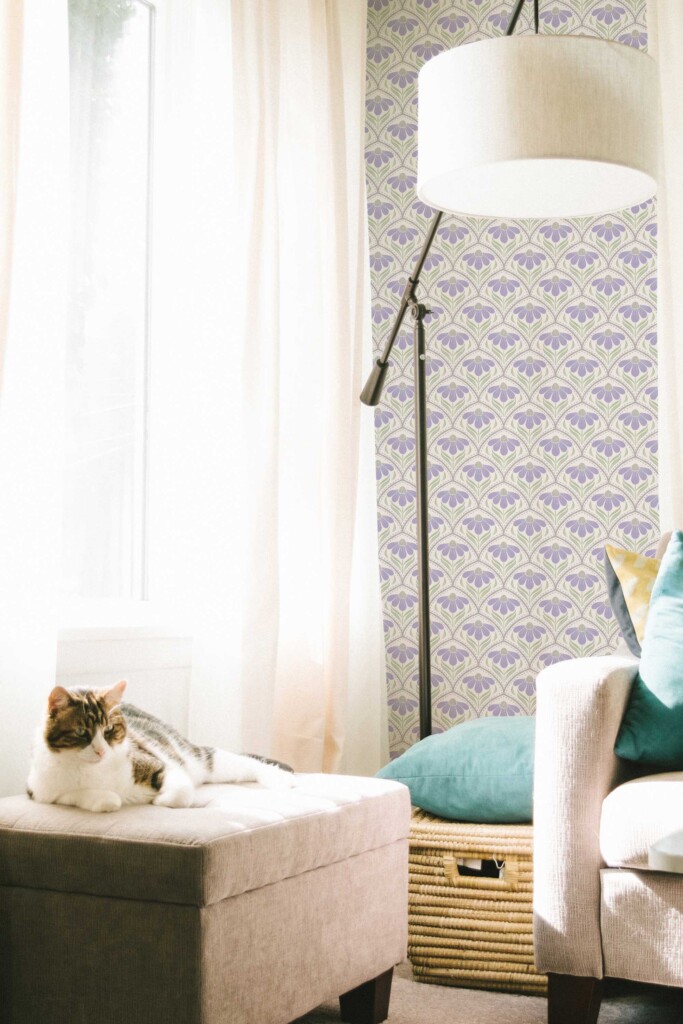 Fancy Walls self-adhesive wallpaper with lavender floral art deco pattern