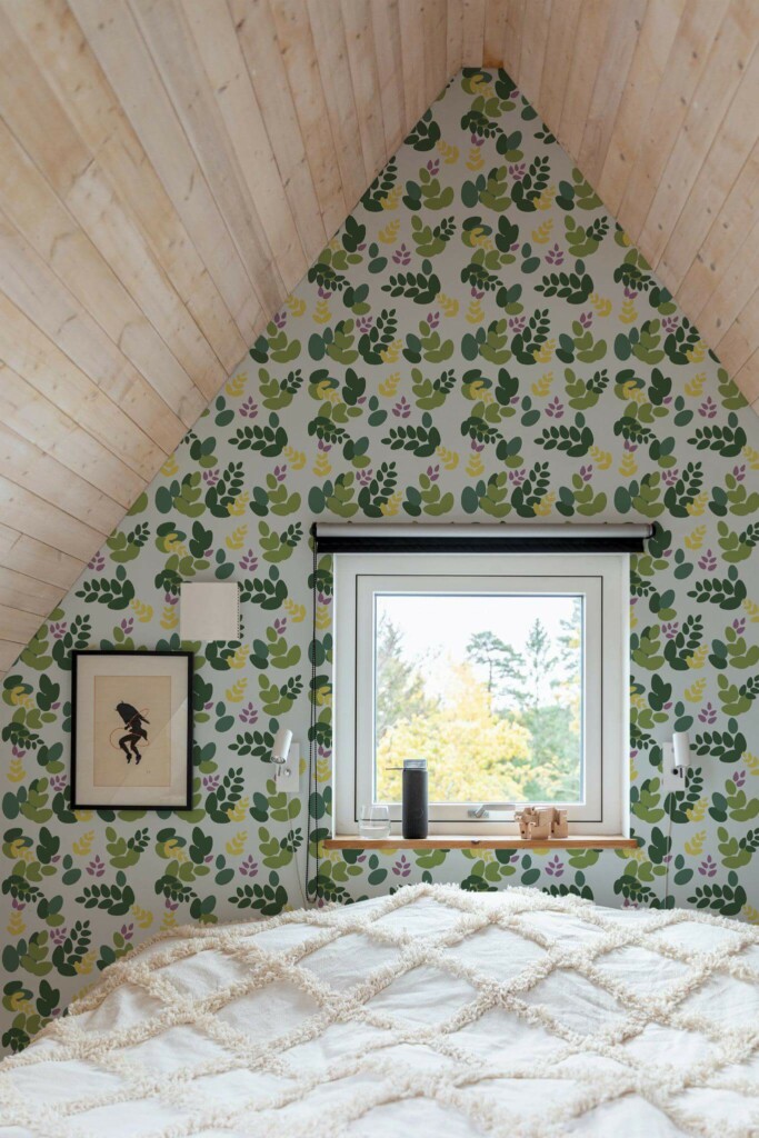 Light farmhouse style bedroom decorated with Leaf accent bathroom peel and stick wallpaper