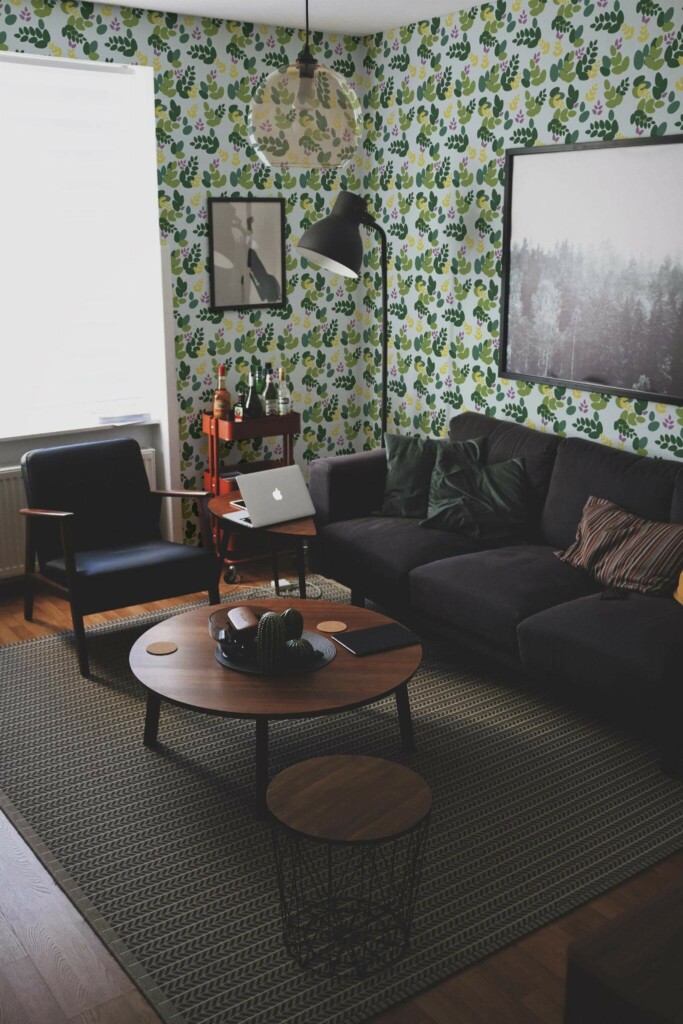 Modern dark industrial style living room decorated with Leaf accent bathroom peel and stick wallpaper
