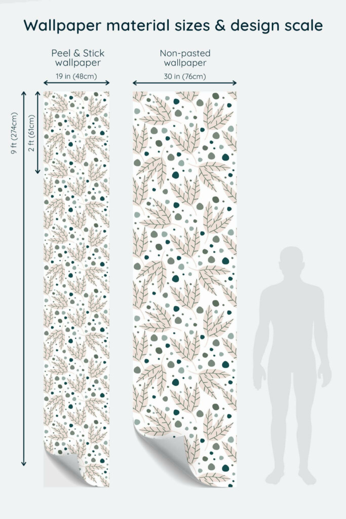 Size comparison of Leaf and dots Peel & Stick and Non-pasted wallpapers with design scale relative to human figure