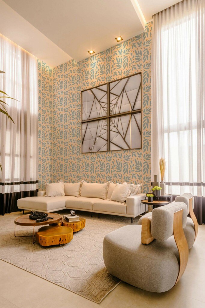 Contemporary style living room decorated with Leaf dot peel and stick wallpaper