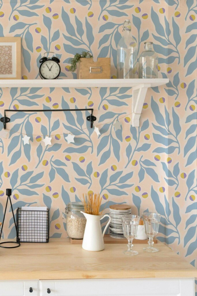 Light farmhouse style kitchen decorated with Leaf dot peel and stick wallpaper