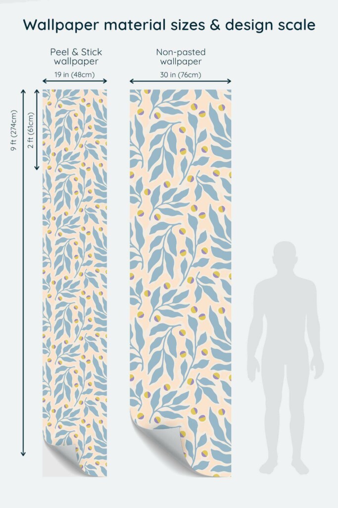 Size comparison of Leaf dot Peel & Stick and Non-pasted wallpapers with design scale relative to human figure