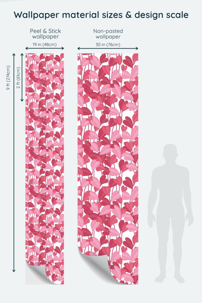 Size comparison of Leaf heart Peel & Stick and Non-pasted wallpapers with design scale relative to human figure