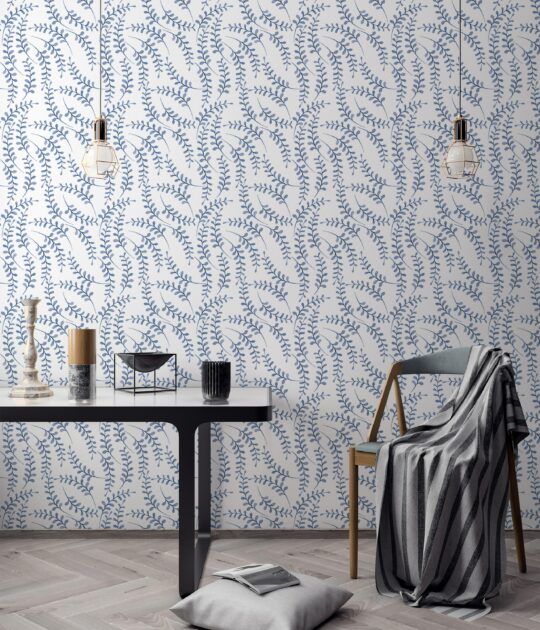 leaf navy blue traditional wallpaper