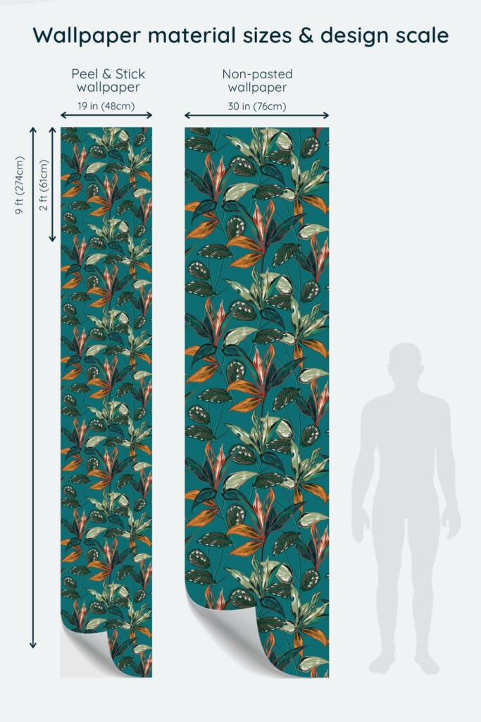 Size comparison of Leaf tropical Peel & Stick and Non-pasted wallpapers with design scale relative to human figure