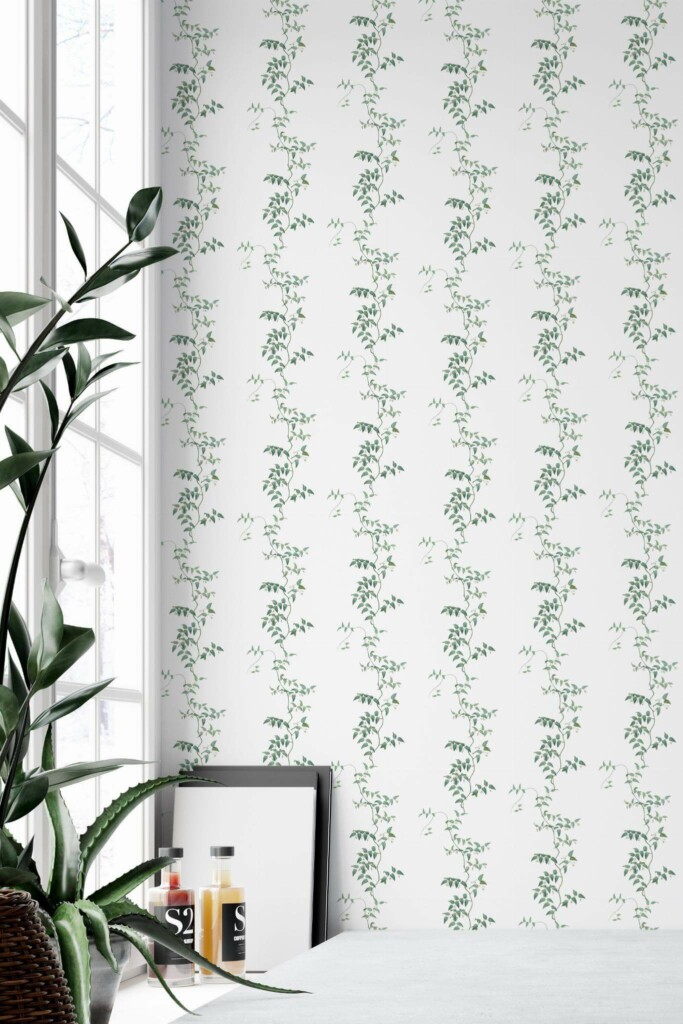 Minimal style home office decorated with Leaf vine peel and stick wallpaper