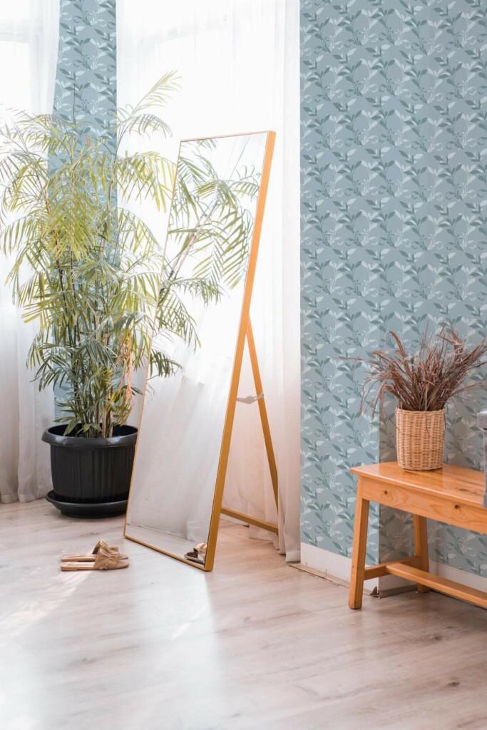 Boho style powder corner decorated with Leaf vintage peel and stick wallpaper
