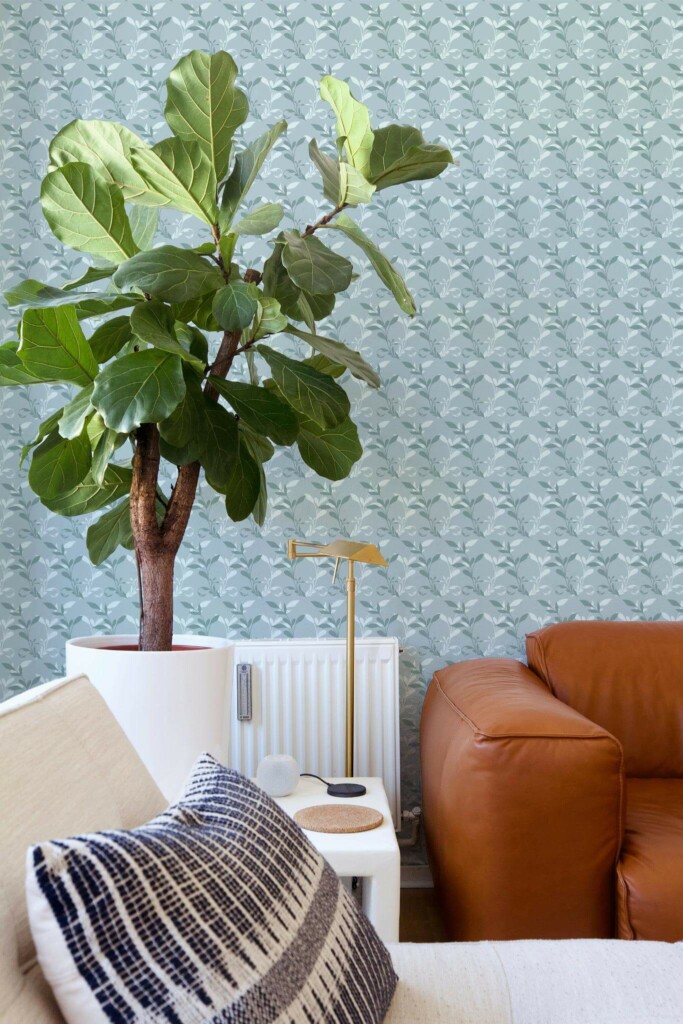 Mid-century style living room decorated with Leaf vintage peel and stick wallpaper