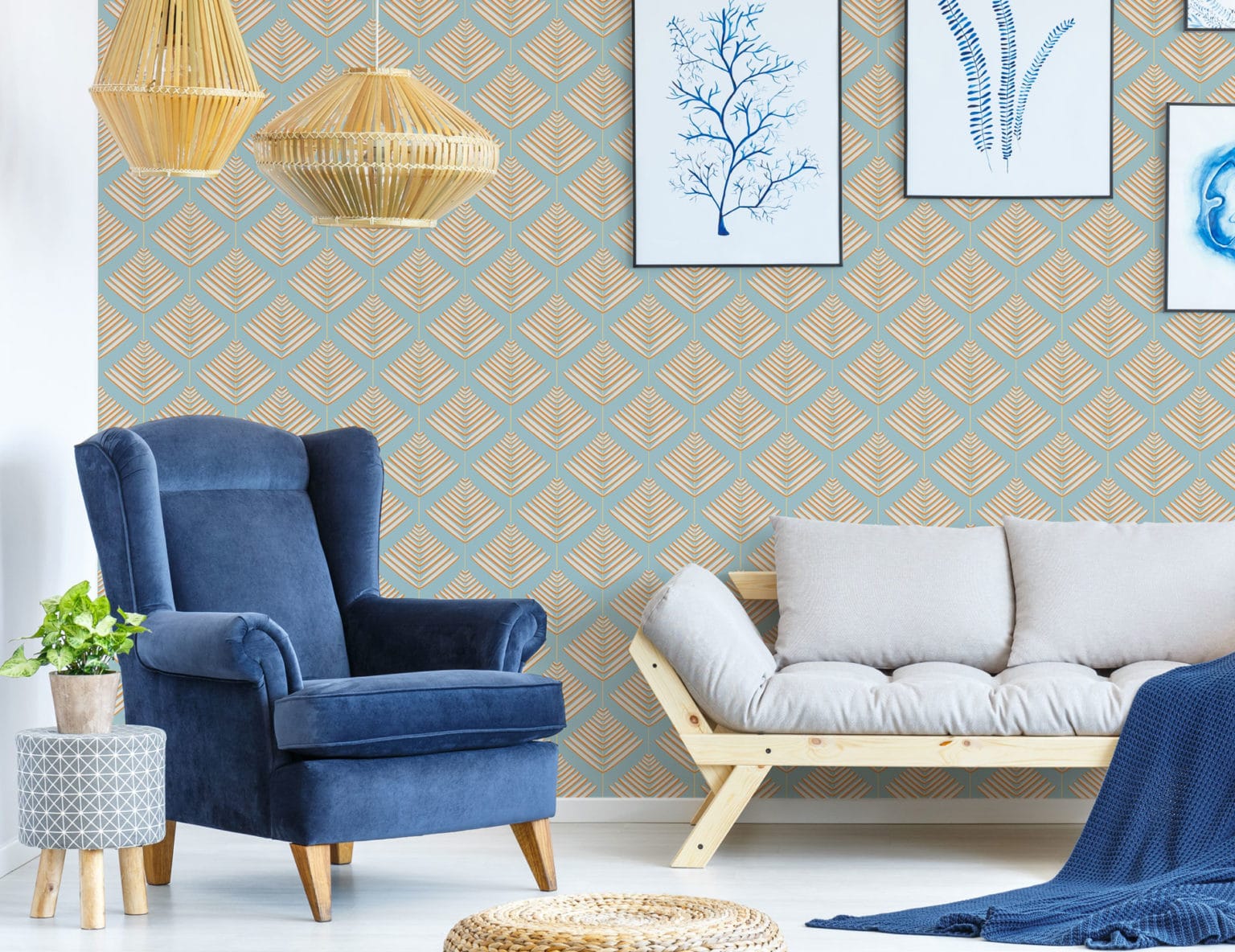 Blue and yellow leaf pattern wallpaper - Peel and Stick Removable