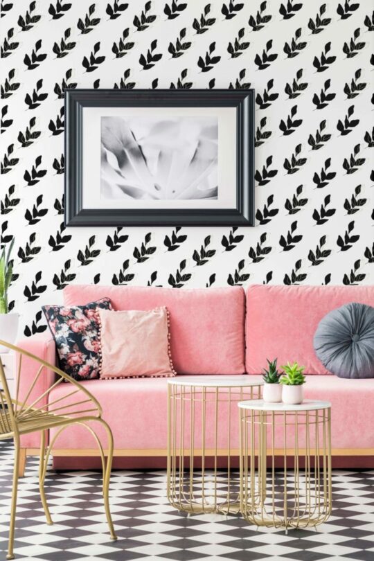 Black and white seamless leaf peel and stick removable wallpaper