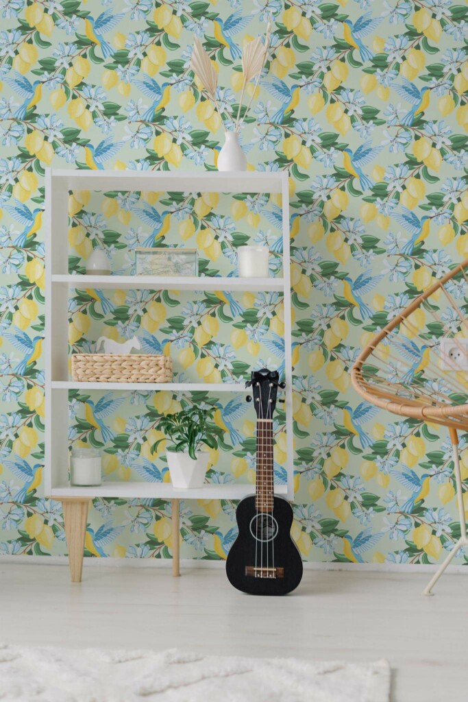 Minimal boho style living room decorated with Lemon grove peel and stick wallpaper