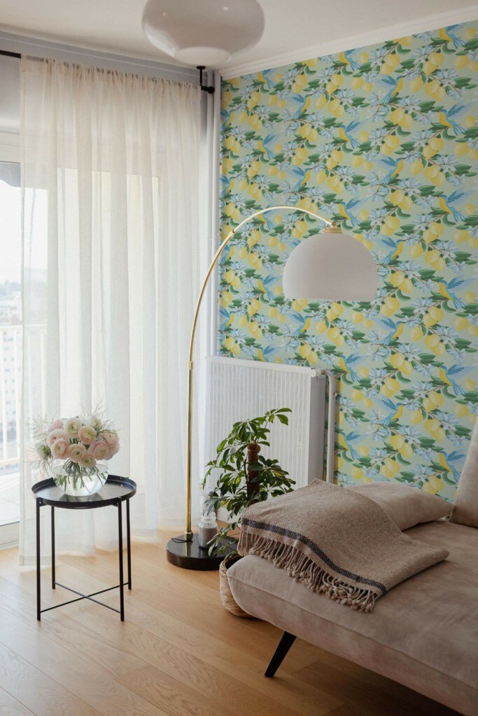 Bohemian Scandinavian style living room decorated with Lemon grove peel and stick wallpaper