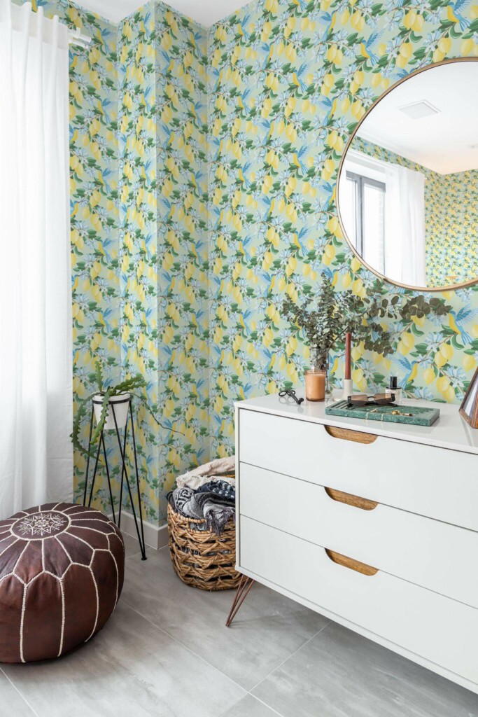 Scandinavian style bedroom decorated with Lemon grove peel and stick wallpaper and Mediterranean accents