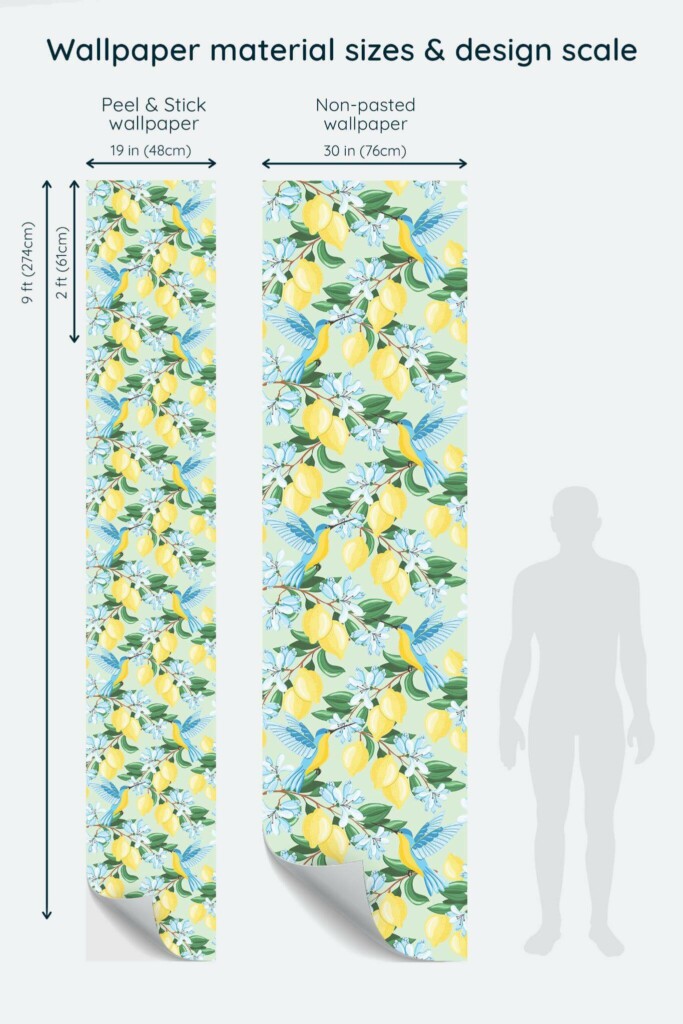 Size comparison of Lemon Grove Peel & Stick and Non-pasted wallpapers with design scale relative to human figure
