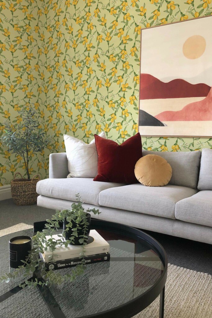 Boho style living room decorated with Lemon peel and stick wallpaper