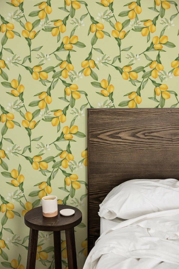 Farmhouse style bedroom decorated with Lemon peel and stick wallpaper