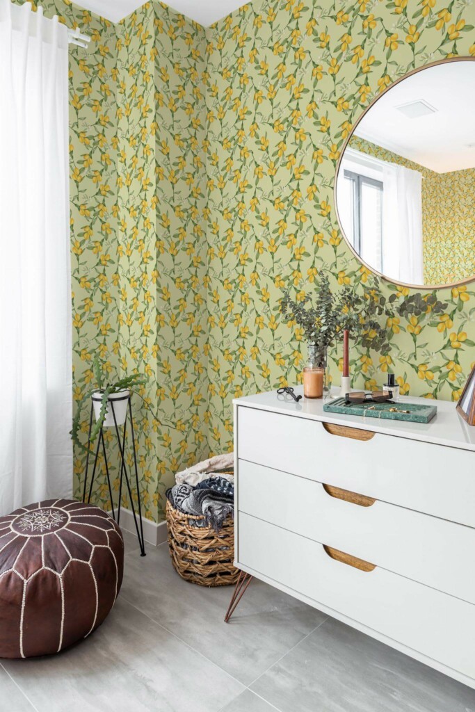 Scandinavian style bedroom decorated with Lemon peel and stick wallpaper and Mediterranean accents