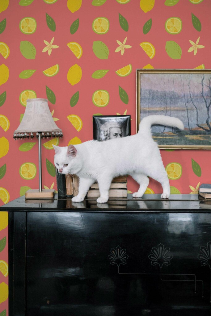 Industrial style music room decorated with Lemons on hot pink peel and stick wallpaper