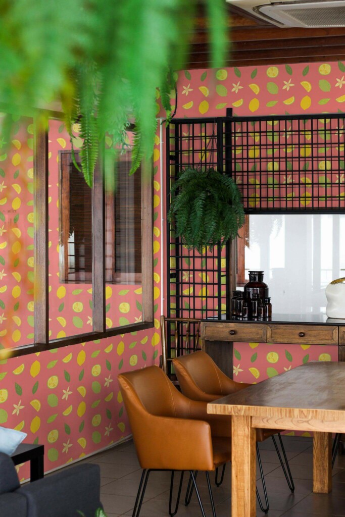 Mid-century modern style dining room decorated with Lemons on hot pink peel and stick wallpaper and black industrial accents