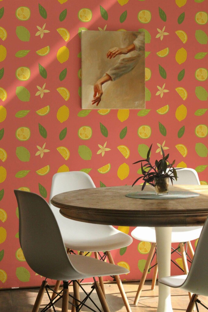 Scandinavian farmhouse style dining room decorated with Lemons on hot pink peel and stick wallpaper