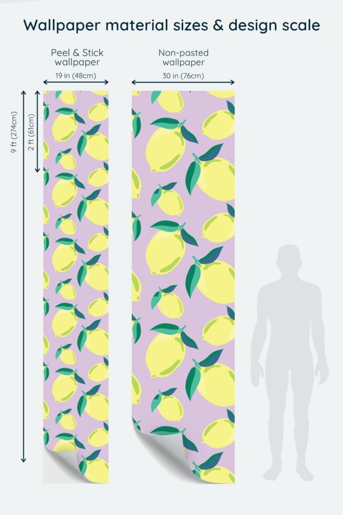 Size comparison of Lemons on lavender Peel & Stick and Non-pasted wallpapers with design scale relative to human figure