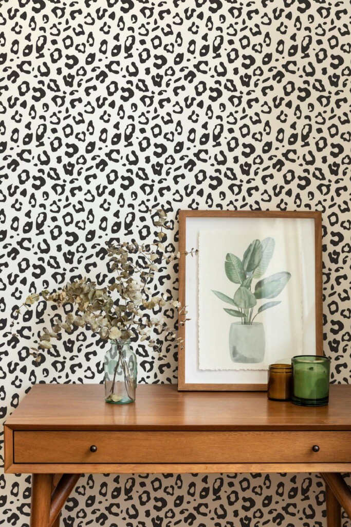 Mid-century modern style living room decorated with Leopard print peel and stick wallpaper