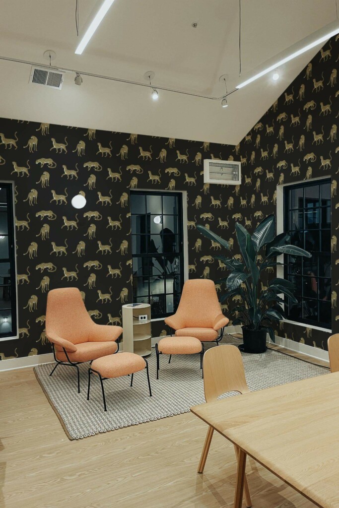 Minimal style living room decorated with Leopard peel and stick wallpaper and mid-century style chairs