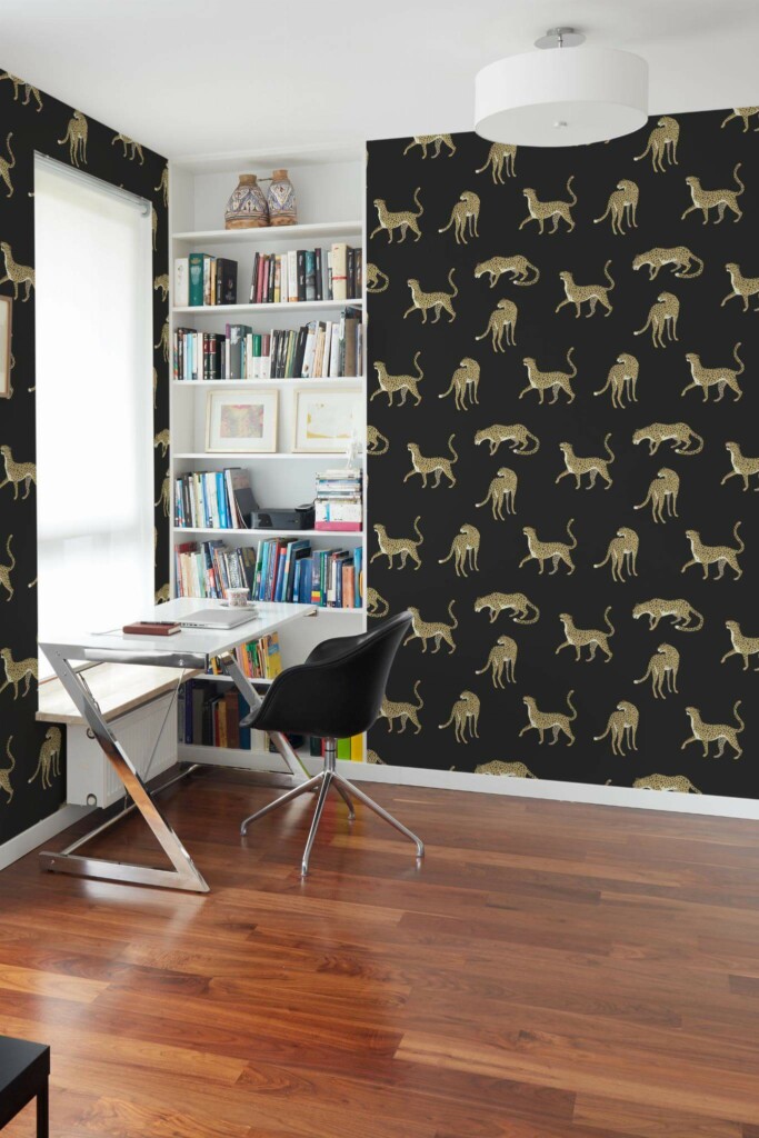 Minimal style home office decorated with Leopard peel and stick wallpaper