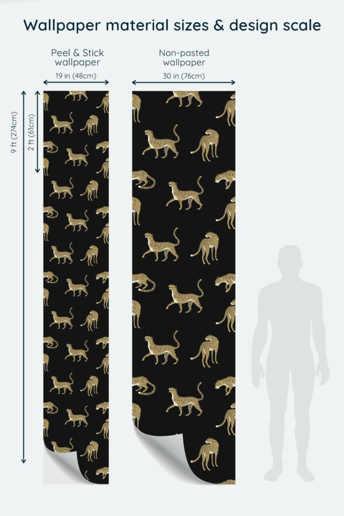Size comparison of Leopard Peel & Stick and Non-pasted wallpapers with design scale relative to human figure