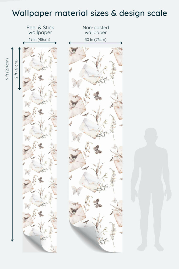 Size comparison of Letter Peel & Stick and Non-pasted wallpapers with design scale relative to human figure