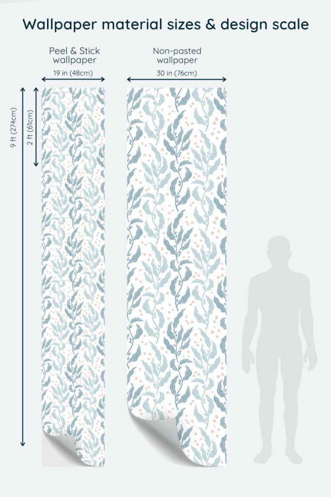 Size comparison of Light blue leaf Peel & Stick and Non-pasted wallpapers with design scale relative to human figure