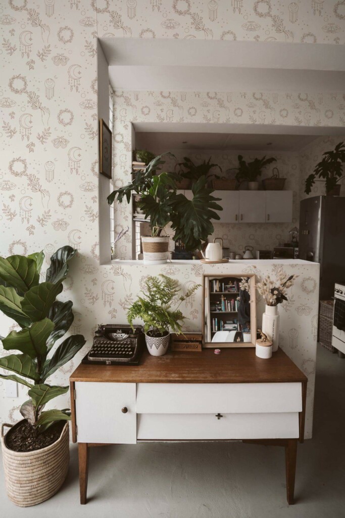 Boho style living room and kitchen decorated with Light bohemian peel and stick wallpaper and green plants