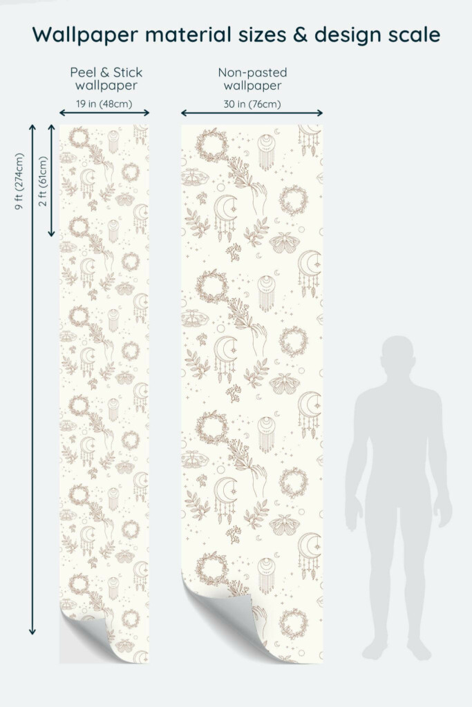 Size comparison of Light bohemian Peel & Stick and Non-pasted wallpapers with design scale relative to human figure
