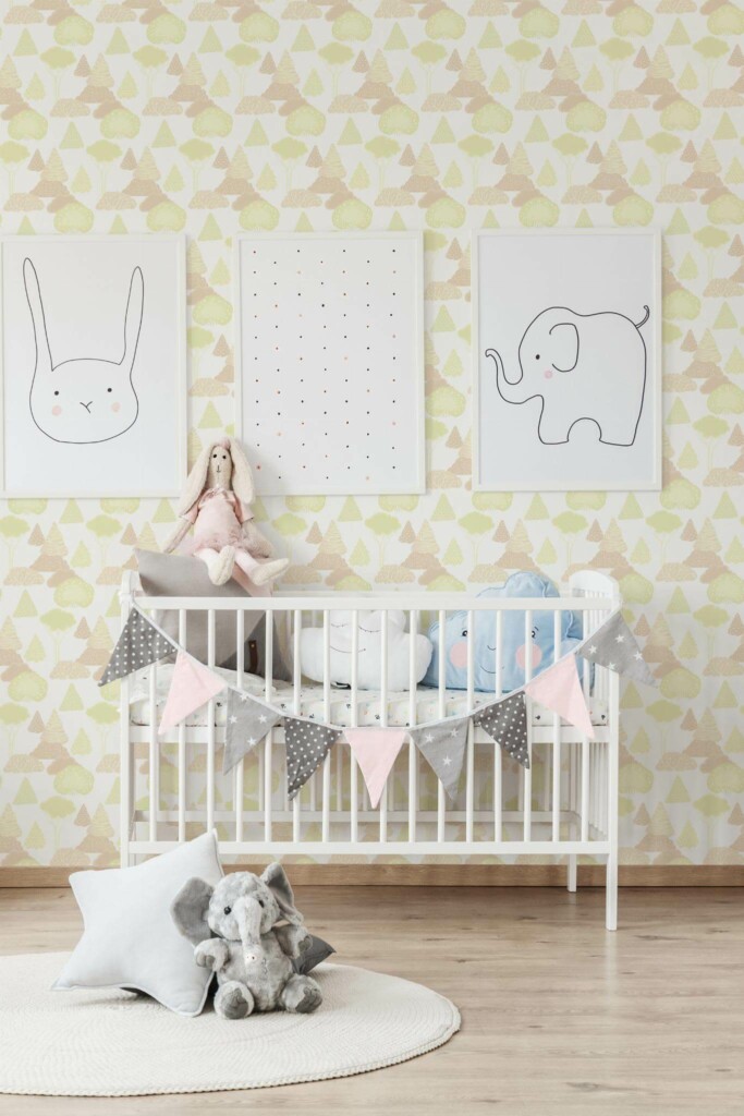 Minimal style nursery decorated with Light forest peel and stick wallpaper