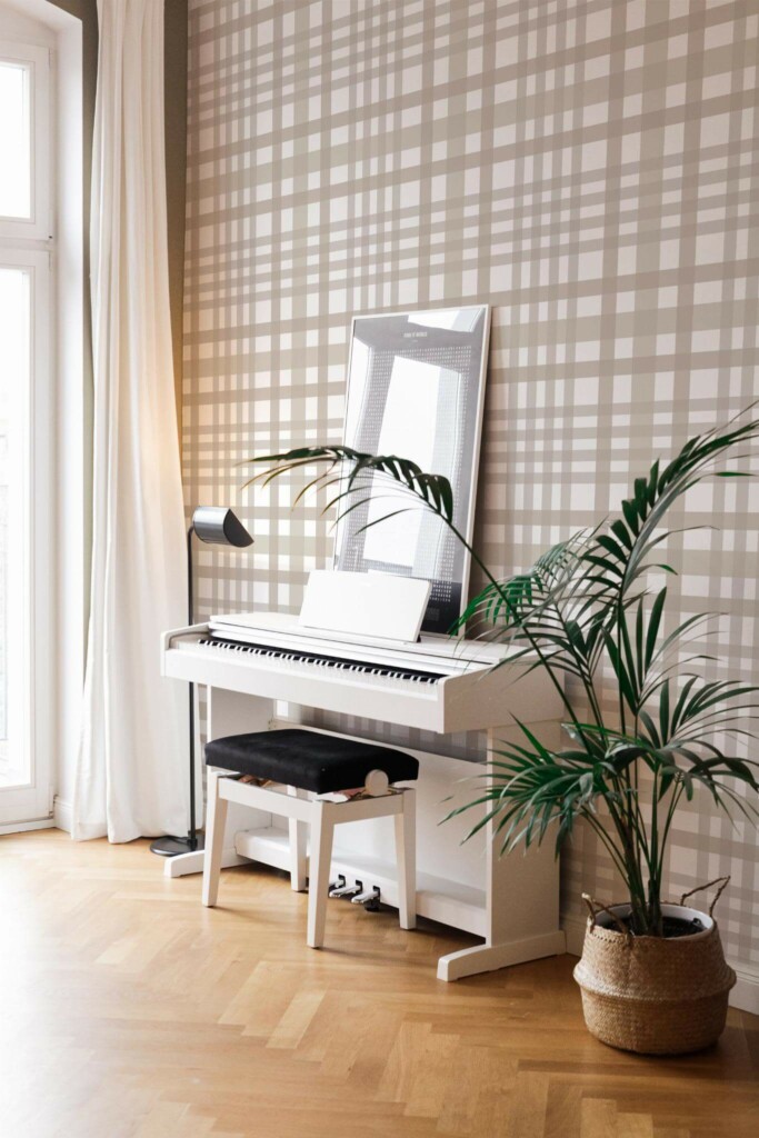 Modern style living room with a piano decorated with Light neutral plaid peel and stick wallpaper