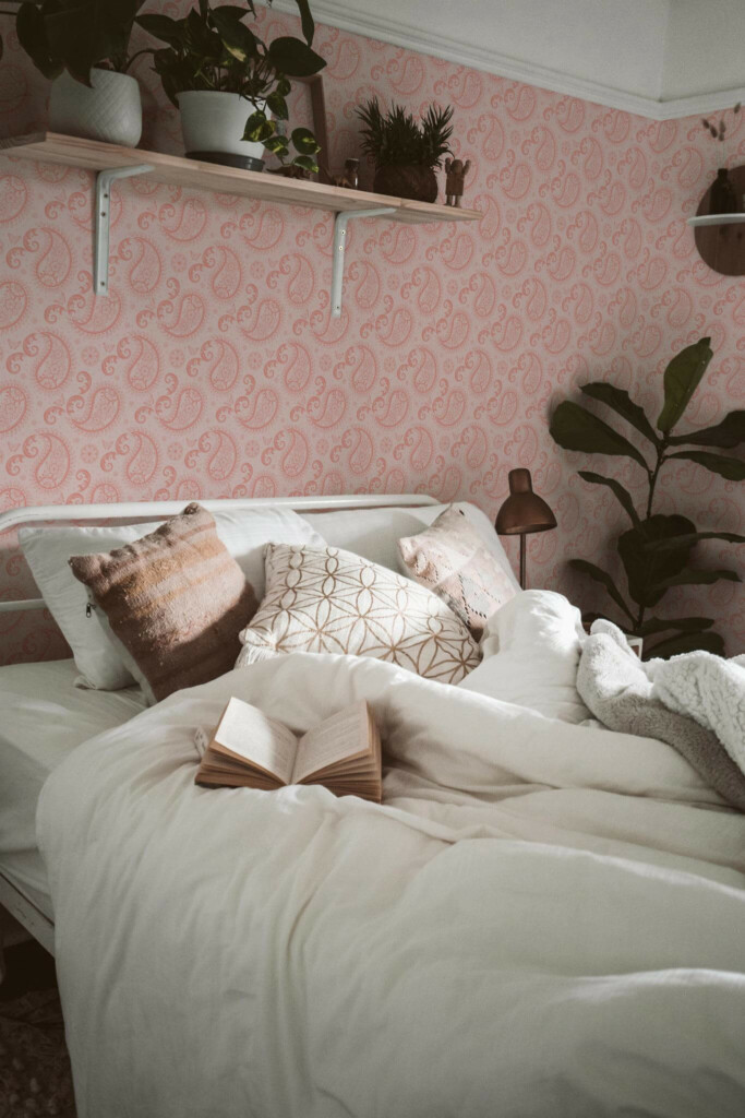 Boho style bedroom decorated with Light pink paisley peel and stick wallpaper