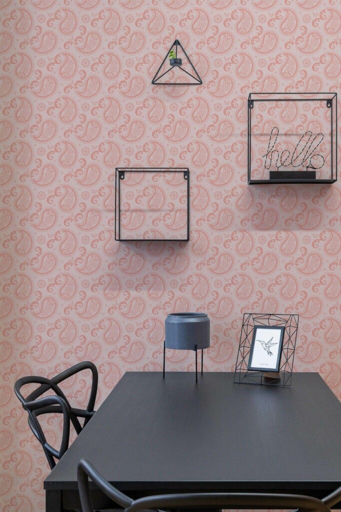 Industrial modern style dining room decorated with Light pink paisley peel and stick wallpaper