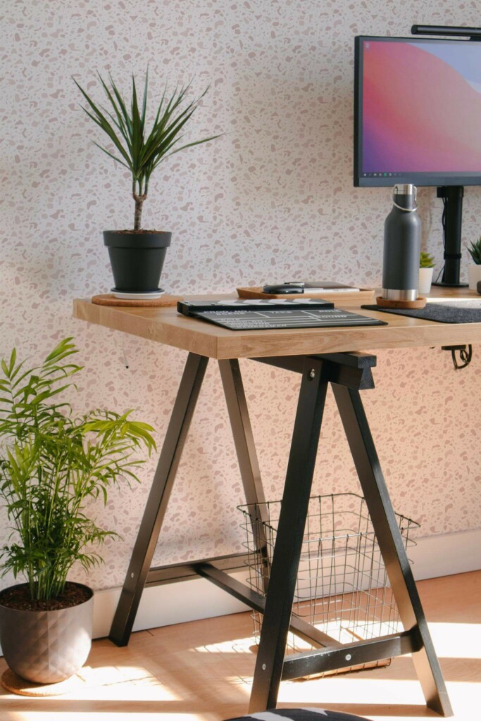 Scandinavian style home office decorated with Light pink terrazzo peel and stick wallpaper