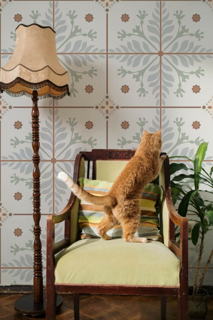 Victorian style living room with a cat decorated with Light tiles peel and stick wallpaper