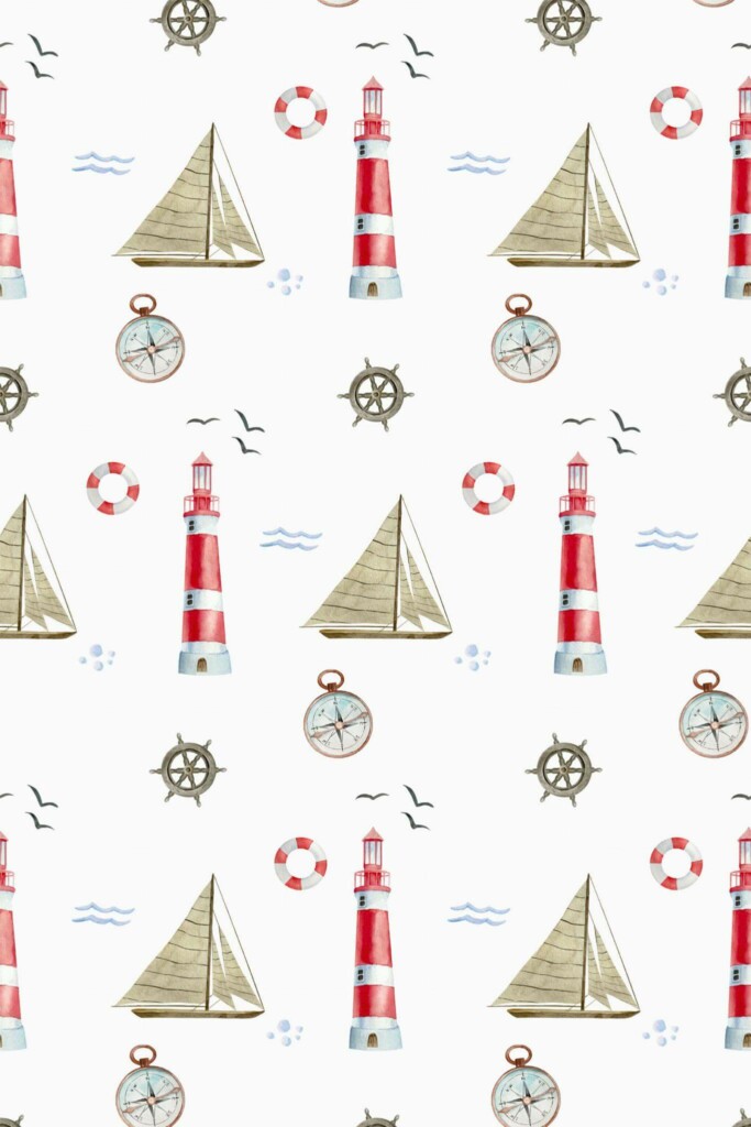 Pattern repeat of Lighthouse nautical removable wallpaper design