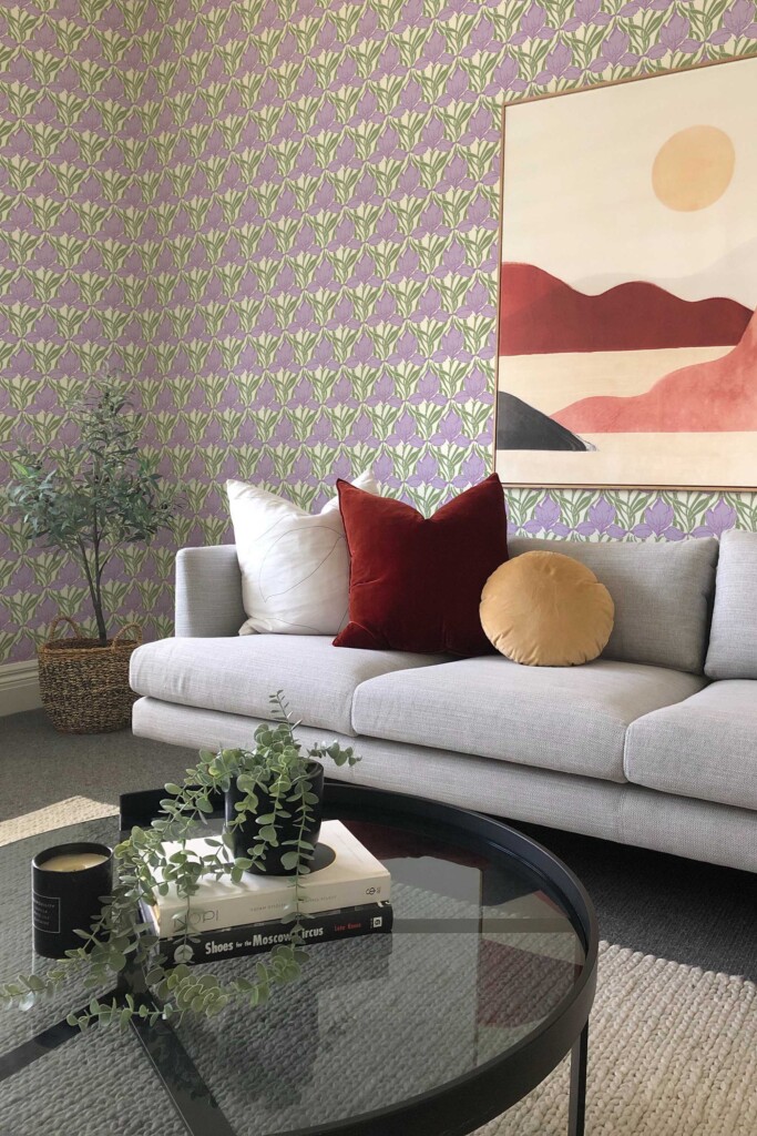 Peel and stick wallpaper with lilac floral art deco pattern by Fancy Walls