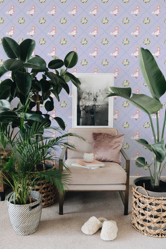 Removable wallpaper from Fancy Walls featuring geese in hats and floral details