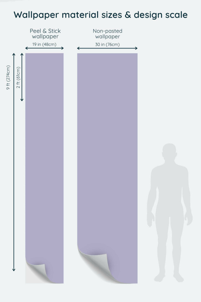 Size comparison of Lilac Solid color Peel & Stick and Non-pasted wallpapers with design scale relative to human figure